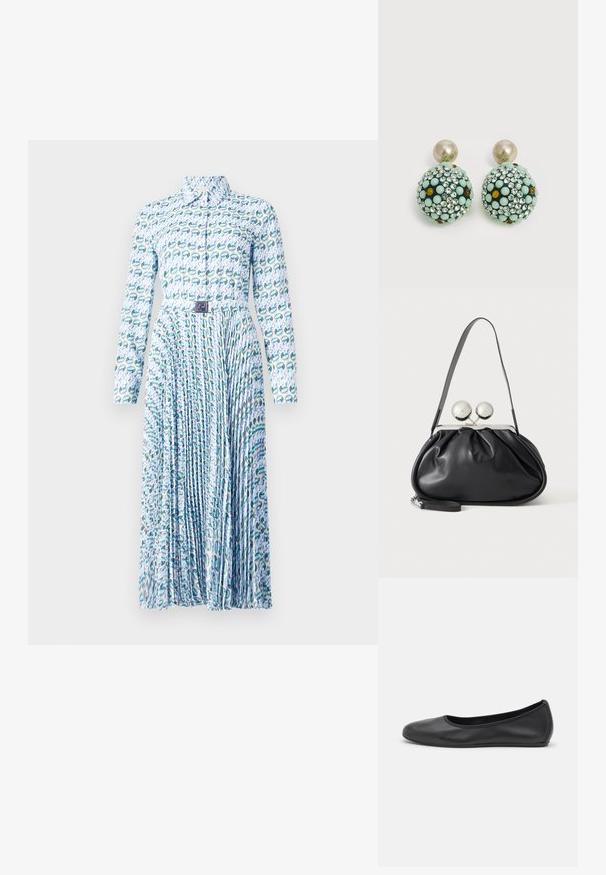 Tory Burch PRINTED DRESS - Blousejurk - blue lucky duck; Zwarte leren ballerina met een ronde neus, gladde textuur, minimale stikdetails en een flexibele zoolontwerp.; Zwarte leren handtas met een geplooid ontwerp, een enkele schouderband, zilverkleurige metalen omlijsting en twee grote ronde zilveren sluitingen.; Ronde oorstekers met grote pareltoppen en bolvormige druppels bedekt met muntgroene, amberkleurige en heldere strasssteentjes.