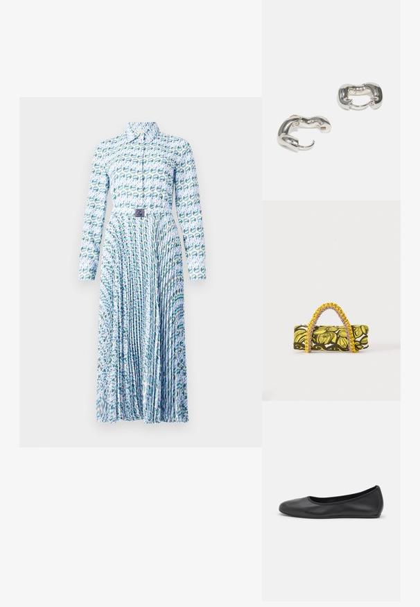 Tory Burch PRINTED DRESS - Skjortekjole - blue lucky duck; Sort læderballetsko med rund tå, glat tekstur, minimal syning og et fleksibelt såldesign.; Rektangulær taske med gult og sort blomsterprint og flettet gul og pink hank på hvid baggrund.; Sølvøreringe med et glat, bølget design; har en kraftig form og en poleret overflade, der fremhæver en moderne æstetik.
