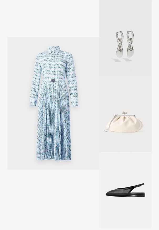 Tory Burch PRINTED DRESS - Blusenkleid - blue lucky duck; Schwarzer Slingback-Flachschuh mit spitzer Kappe, Mesh-Obermaterial, verstellbarem Schnallenriemen und niedrigem Blockabsatz auf weißem Hintergrund.; Cremefarbene Stoff-Clutch mit gerafftem Design, silbernem Metallrahmen, zwei dekorativen Kugeln und einem silbernen Kettenriemen.; Silberne Creolen mit verlängerten ovalen Gliedern, die eine polierte Oberfläche und einen strukturierten Anhänger aufweisen. Einfaches Design mit glatten Kanten.