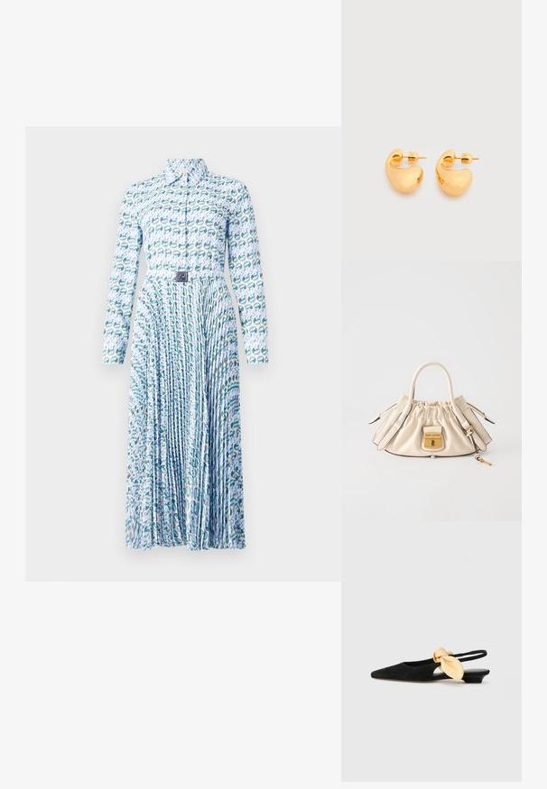 Tory Burch PRINTED DRESS - Blusenkleid - blue lucky duck; NEOUS UBA - Sling-Ballerina - black; Cremefarbene Lederhandtasche mit gerafftem Oberteil, doppelten Griffen, goldenem Schloss mit Gravur „Marc Jacobs“ und angebrachtem Schlüsselanhänger auf weißem Hintergrund.; Paar kleine, klobige Ohrstecker in Goldton mit glatten, geschwungenen, abstrakten Formen vor hellem Hintergrund.