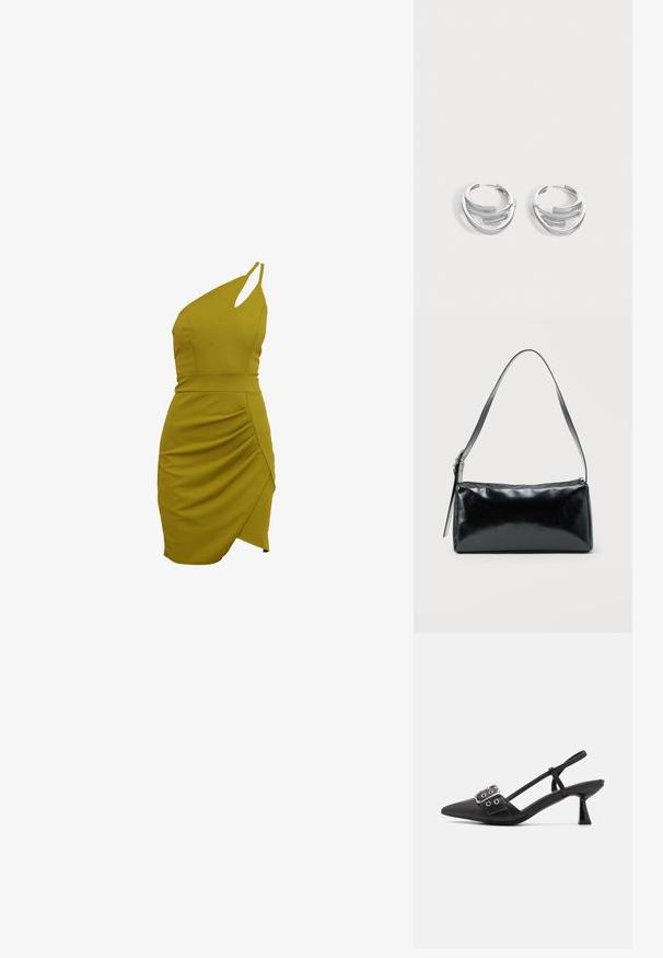 Ein ärmelloses, olivgrünes Kleid mit taillierter Silhouette, drapierten Details an der Seite und asymmetrischem Saum. Hergestellt aus dehnbarem Stoff.; Simmi London DALA - Pumps - black; Schwarze rechteckige Schultertasche mit einem verstellbaren Riemen und einem oberen Reißverschluss vor einfachem Hintergrund.; Paar polierte silberne Creolen mit geschichtetem, gebogenem Stabdesign auf einem einfarbigen hellen Hintergrund.
