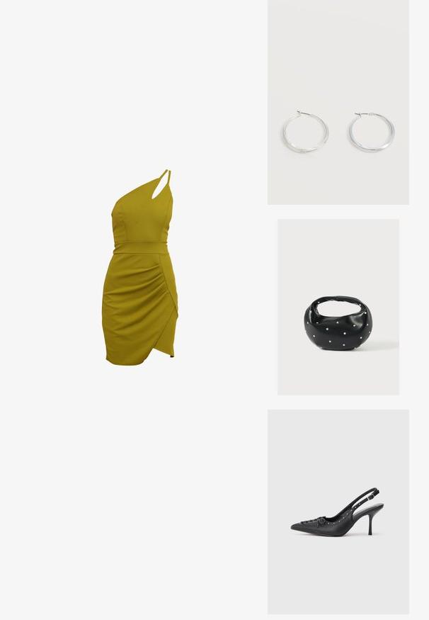 Ein ärmelloses, olivgrünes Kleid mit taillierter Silhouette, drapierten Details an der Seite und asymmetrischem Saum. Hergestellt aus dehnbarem Stoff.; Schwarzer Leder-Slingback-Stiletto mit spitzem Zehenaufsatz, seitlichem Schnallenriemen, Nieten entlang der Kante und dekorativer Schnürung vorne.; Schwarze Lederhandtasche mit abgerundeter Form, verziert mit silbernen Nietenakzenten und kurzem Griff. Glatte Struktur und Reißverschlussverschluss.; Silberne Metallcreolen mit glatter, leicht gebogener Oberfläche und Klappverschluss vor schlicht weißem Hintergrund.