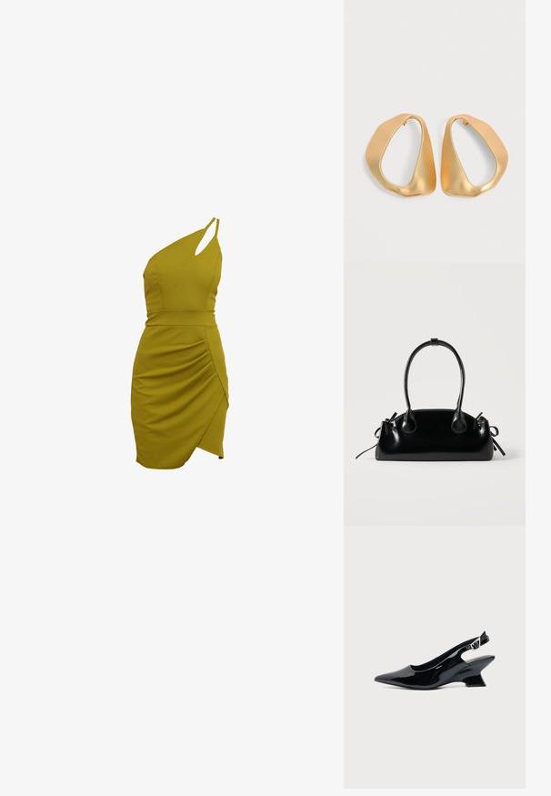 Én skulder, olivengrøn kjole med en tætsiddende silhuet, rynkede detaljer i siden og asymmetrisk kant. Lavet af strækbart stof.; Sort laklæder slingback sko med spids tå og lav vinklet blokhæl på ensartet lys baggrund.; Lille sort blank håndtaske med to lange håndtag og snøre-detaljer i siden på en ensfarvet lys baggrund.; Par af uregelmæssige, asymmetriske gyldne hoop-øreringe med en glat, mat finish på en neutral baggrund.