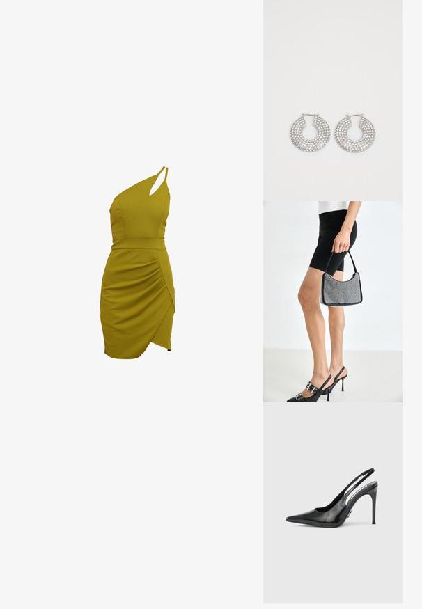 Én skulder, olivengrøn kjole med en tætsiddende silhuet, rynkede detaljer i siden og asymmetrisk kant. Lavet af strækbart stof.; Sort laklæder slingback højhælet pumpe med spids tå, udskårne sider og en spinkel hæl. Blank finish med minimale hardware-detaljer.; Sort perlehandtaske med en buet silhuet, bærehåndtag og blank overflade. Båret med højhælede sorte sko og tætsiddende sorte shorts.; Sølvøreringe med flere klare krystaludsmykninger, med en struktureret overflade og et åbent rundt design.