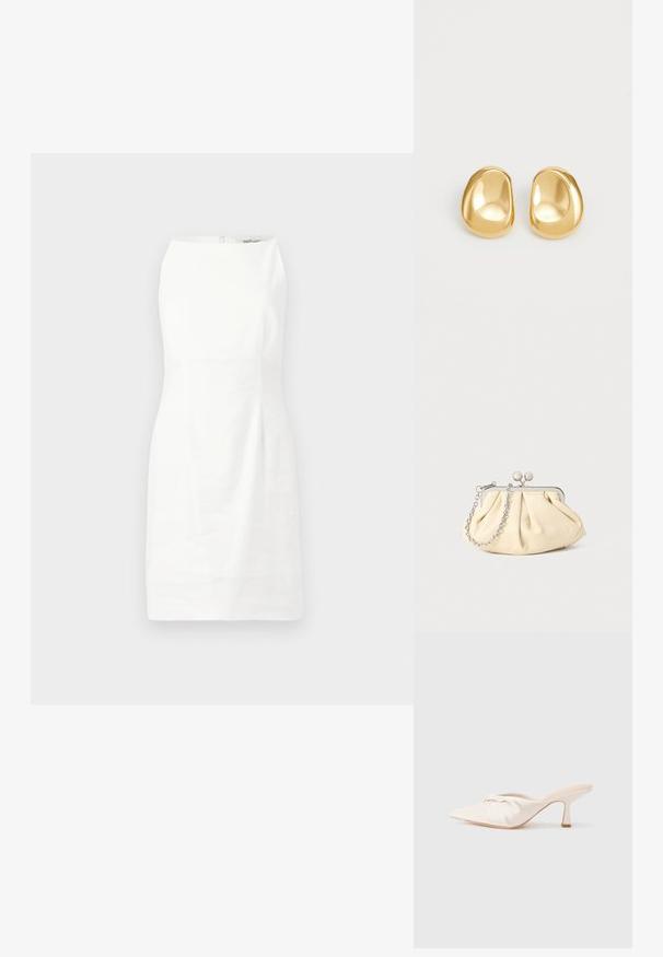 Hvid ærmeløs kjole med en tætsiddende pasform, glat tekstur og en skjult lynlås i ryggen. Minimalistisk design uden mønstre eller udsmykninger.; Mulesko i lyst beige stof med et knyttet design foran, spids tå og en slank, tilspidset hæl. Glat tekstur over det hele.; Plisseret beige læderclutch med en sølvmetalramme, der har to runde dekorative låse og en sølvkædetrasporte.; Guldfarvede stud øreringe med en glat, rund form og en reflekterende overflade, der fremhæver et minimalistisk design uden synlige mønstre.