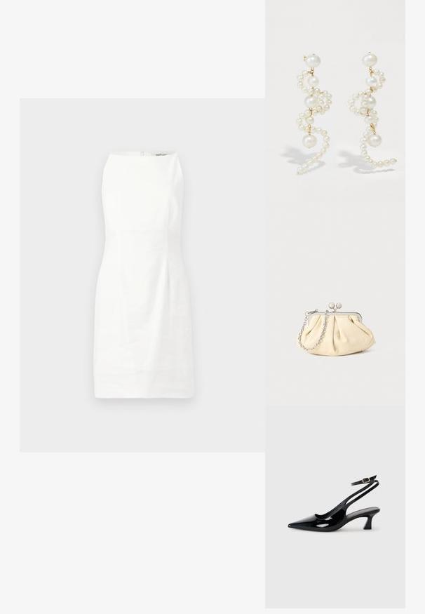 Hvid ærmeløs kjole med en tætsiddende pasform, glat tekstur og en skjult lynlås i ryggen. Minimalistisk design uden mønstre eller udsmykninger.; Sorte patenterede læderslingbacks med spidse tæer, lav blokhælt og justerbar ankelrem med guldspænde.; Plisseret beige læderclutch med en sølvmetalramme, der har to runde dekorative låse og en sølvkædetrasporte.; Hvide perleøreringe med et snoet design, der har varierende størrelser af perler og guld accenter. Glat overflade og elegant form.