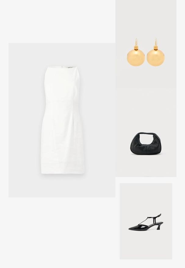 Witte mouwloze jurk met een aansluitende vorm, een stevige textuur en een verborgen rits aan de achterkant. Minimalistisch ontwerp zonder patronen of accenten.; Zwarte lakleren lage hak schoen met puntige neus, T-bandje en gespsluiting op een lichte neutrale achtergrond.; Zwarte geweven hobo-tas met een zachte structuur en geïntegreerd handvat, weergegeven op een effen lichte achtergrond.; Een paar glanzende gouden kerstbal-oorbellen met haaksluitingen op een effen witte achtergrond.