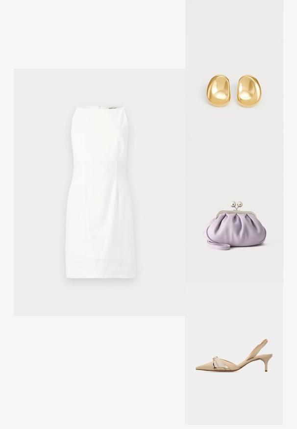 Hvid ærmeløs kjole med en tætsiddende pasform, glat tekstur og en skjult lynlås i ryggen. Minimalistisk design uden mønstre eller udsmykninger.; Beige slingback-kittensko med spids tå, dekorativ knudedetalje på overdelen og en lav, slank hæl.; Blød lavendel clutch med opsamlet stof, sølv kiss-lock lås og matchende håndledsrem på en ensfarvet lys baggrund.; Guldfarvede stud øreringe med en glat, rund form og en reflekterende overflade, der fremhæver et minimalistisk design uden synlige mønstre.