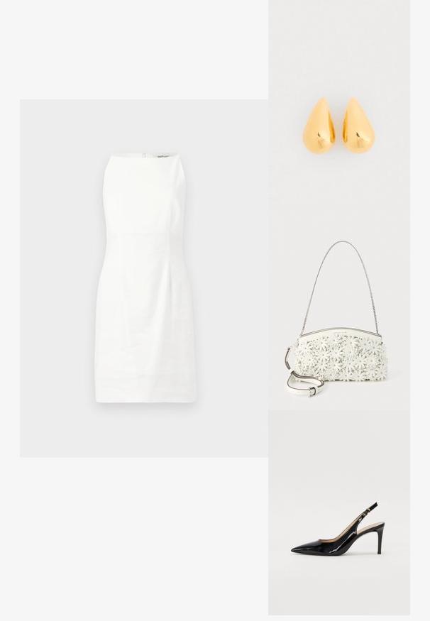 Hvid ærmeløs kjole med en tætsiddende pasform, glat tekstur og en skjult lynlås i ryggen. Minimalistisk design uden mønstre eller udsmykninger.; Sort patenteret læder slingback stiletto med spids tå, slank hæl og et subtilt udskæringsdesign. Har en gylden spænde på remmen.; Hvid håndtaske med kæde-rem, dækket af 3D blomsterapplikationer med metalnitter i midten og en aftagelig skulderrem i læder.; Guld dråbeøreringe med en glat, poleret overflade og afrundede bunde, der reflekterer lyset med en skinnende finish.