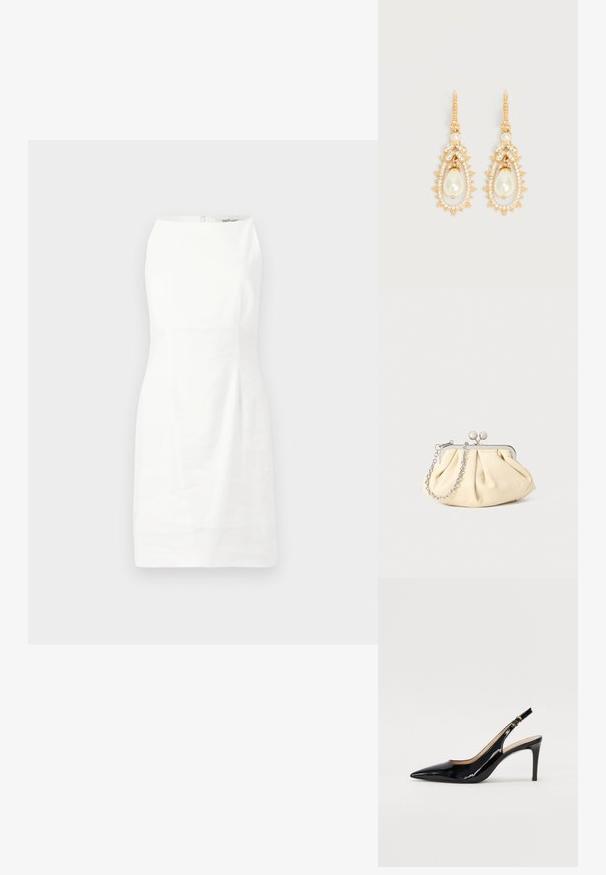 Witte mouwloze jurk met een aansluitende vorm, een stevige textuur en een verborgen rits aan de achterkant. Minimalistisch ontwerp zonder patronen of accenten.; Zwarte gepatineerde leren slingback pump met een puntige neus, slanke hak en een subtiel uitgesneden ontwerp. Bevat een gouden gesp op de band.; Geplooide beige leren clutch met een zilveren metalen frame, voorzien van twee ronde decoratieve sluitingen en een zilveren kettingriem.; Oorbellen met goudkleurige druppels, voorzien van druppelvormige kunstparels, omringd door kleine heldere kristallen en kristalaccenten in de vorm van bladeren.