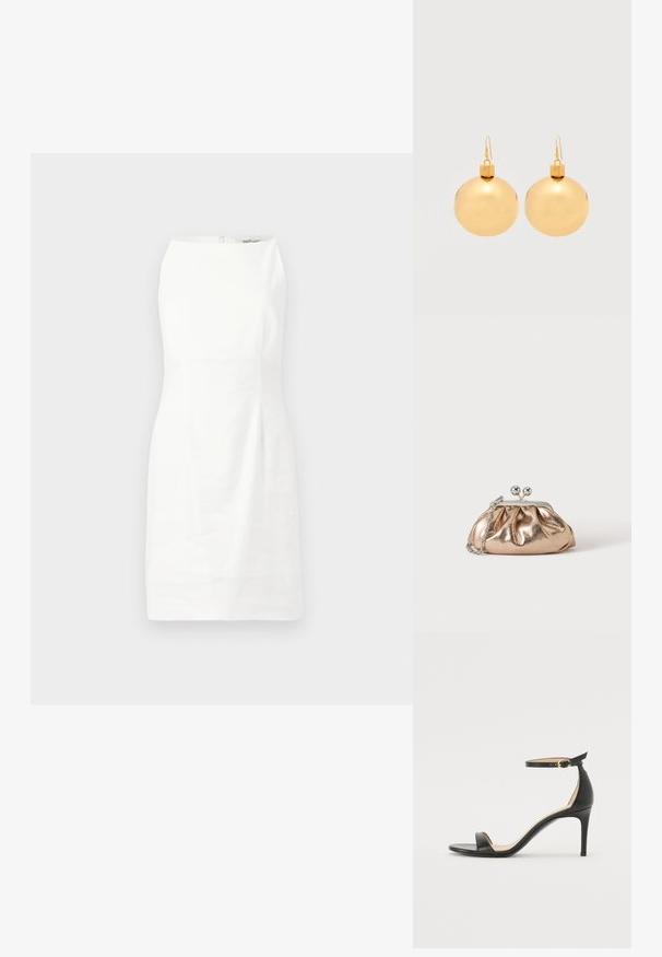 Witte mouwloze jurk met een aansluitende vorm, een stevige textuur en een verborgen rits aan de achterkant. Minimalistisch ontwerp zonder patronen of accenten.; Zwarte leren hoge hak sandaal met enkelbandje. Heeft een gladde textuur, open teen en een dunne hak. Gouden gesp detail.; Kleine gouden metallic clutch met zilveren sluiting en kettingriem op een effen lichte achtergrond.; Een paar glanzende gouden kerstbal-oorbellen met haaksluitingen op een effen witte achtergrond.