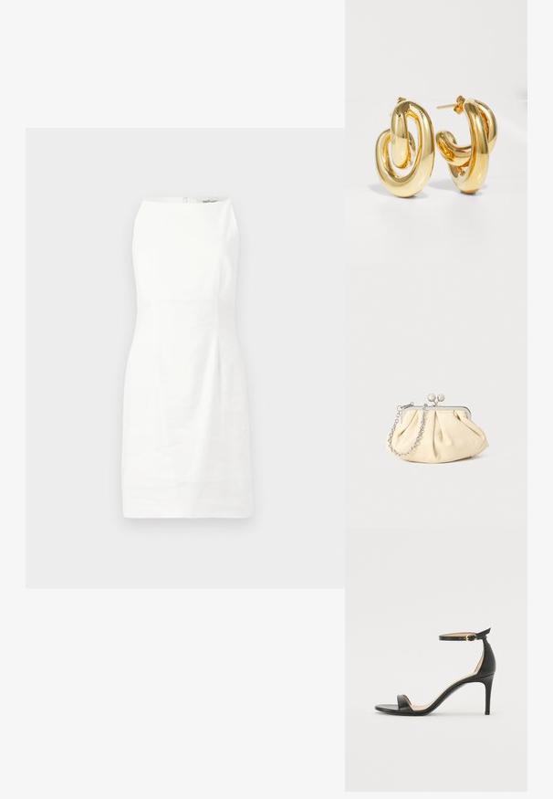 Hvid ærmeløs kjole med en tætsiddende pasform, glat tekstur og en skjult lynlås i ryggen. Minimalistisk design uden mønstre eller udsmykninger.; Sort læder højhælede sandaler med ankelrem. Har en glat tekstur, åben tå og en tynd hæl. Guldtonet spænde detalje.; Plisseret beige læderclutch med en sølvmetalramme, der har to runde dekorative låse og en sølvkædetrasporte.; Charlotte Chesnais BO INITIAL BLOW - Øreringe - gold-coloured