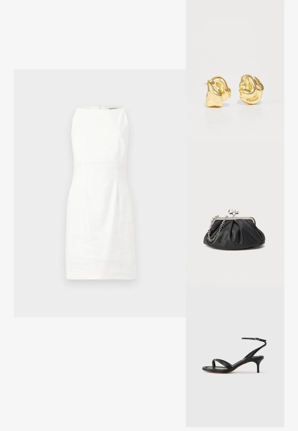 Hvid ærmeløs kjole med en tætsiddende pasform, glat tekstur og en skjult lynlås i ryggen. Minimalistisk design uden mønstre eller udsmykninger.; Sort damesandal i læder med tynde remme, en tå-loop, ankelspænde og en mellemhøj stiletthæl på en neutral baggrund.; Sort læder clutch med samlet tekstur, sølvfarvet metalramme, kys-lås lukning og kædestrop. Glat, blød overflade.; Guldtonede metalstud øreringe med et skulpturelt, snoet design. Glat, blank overflade med en afrundet form og ingen synlige udsmykninger.