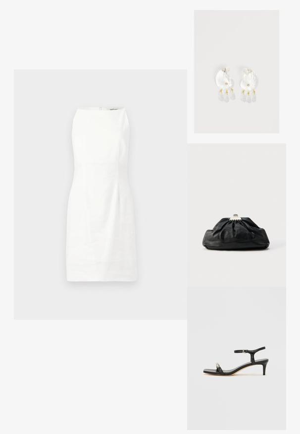 Hvid ærmeløs kjole med en tætsiddende pasform, glat tekstur og en skjult lynlås i ryggen. Minimalistisk design uden mønstre eller udsmykninger.; Sort læder sandal med hæl og ankelrem, åben tå, firkantet front og sølvfarvede metalaccenter. Figurformet design med en slank profil.; Sort læderclutch med en samlet tekstur, metal lukning og diskret præget logo på forsiden. Rundet form.; Gennemsigtige øreringe i skalform af harpiks med små gyldne accenter og tre hængende gennemsigtige dråbeformede charms på hver ørering.