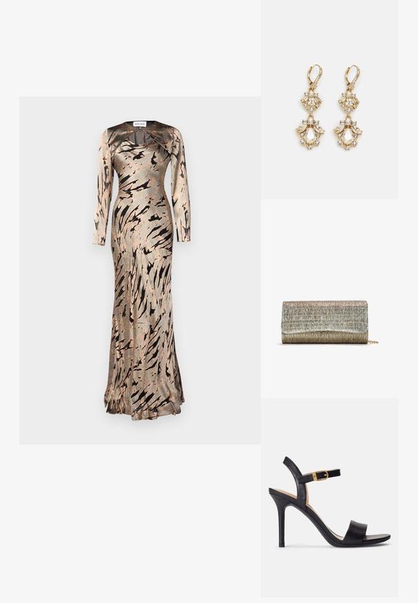 Vestido ajustado de manga larga en una suave tela similar a la satén, con un patrón abstracto en tonos beige y marrón y un dobladillo acampanado. Diseñado con un escote redondo.; Sandalias de tacón alto negras con parte superior de cuero suave, punta abierta y diseño de tira única con un detalle de hebilla dorada.; Bolso de mano rectangular con una superficie metálica texturizada, que presenta una combinación de colores en plata y oro y una correa de cadena para llevar.; Pendientes colgantes en tono dorado con un diseño de racimo que incluye cristales claros en forma redonda y de lágrima, mostrando un detallado intrincado.
