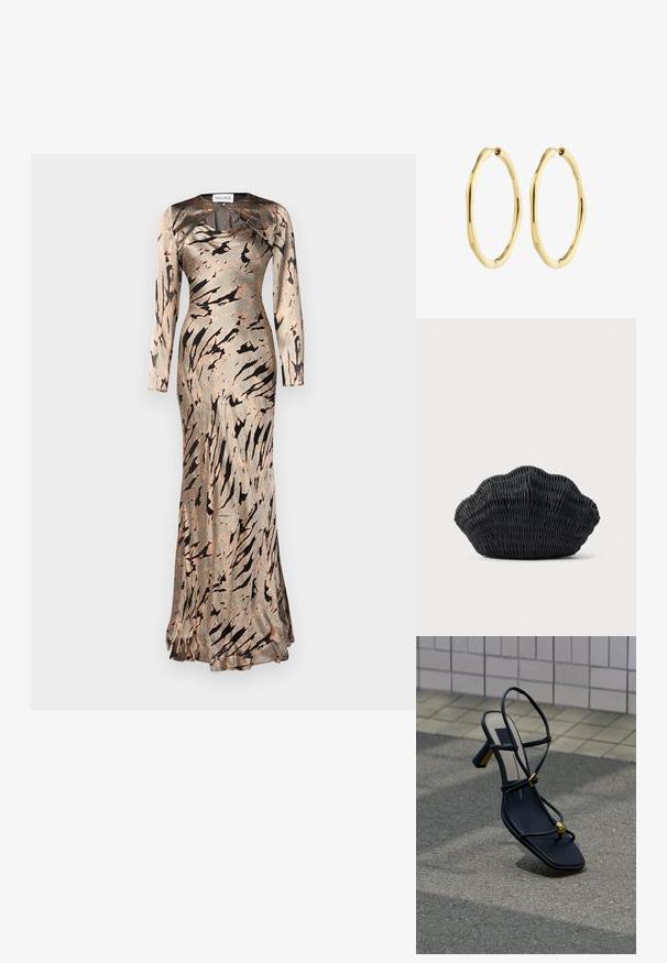 Vestido ajustado de manga larga en una suave tela similar a la satén, con un patrón abstracto en tonos beige y marrón y un dobladillo acampanado. Diseñado con un escote redondo.; Sandalia negra con tiras, tacón, puntera cuadrada, hebilla dorada y detalle de cuentas doradas en la tira delantera, colocada sobre asfalto cerca de una pared con azulejos.; Bolso de mimbre negro con forma de concha de vieira con parte superior curva y textura tejida sobre un fondo liso.; Par de pendientes de aro dorados brillantes con forma irregular, textura ligeramente ondulada y cierres de broche sobre un fondo blanco.