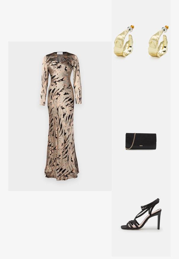 Vestido ajustado de manga larga en una suave tela similar a la satén, con un patrón abstracto en tonos beige y marrón y un dobladillo acampanado. Diseñado con un escote redondo.; Bronx ALADIN - Sandalias - black; Bolso de mano negro hecho de ante con un acabado texturizado, que presenta una cadena dorada y un diseño elegante y angular.; Pendientes en tono dorado con forma de manos abstractas, que presentan una superficie brillante, detalles intrincados y un poste de plata y oro para un ajuste seguro.