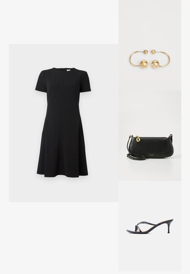 Calvin Klein FLARE DRESS - Päevakleit - black; Mustast lakknahast kontsakingad, millel on õhukesed risti kõndivad rihmad ja kitsas keskmise kõrgusega konts.; Must musta crossbody kott musta nahast, millel on sile tekstuur, kuldsed detailid, tõmblukk ja logo alumises servas.; Kuldtooni metallist kõrvarõngad, millel on ümmargune disain, kus on kaks sfääri: üks suurem ja tekstureeritud, ning väiksem poleeritud pall üleval.