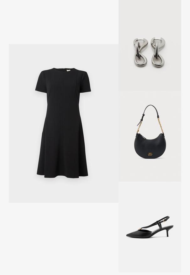 Calvin Klein FLARE DRESS - Denné šaty - black; Čierne kožené slingback topánky s nízkym kitten opätkom, špicatou špičkou, úzkym T-pásikom, nastaviteľnou prackou a malou zlatou ozdobou na pásiku.; Čierna kabelka v tvare polmesiaca so zlatým zipsom, retiazkovými ozdobami, nastaviteľným koženým remienkom a zlatými dekoratívnymi iniciálmi na prednej strane.; Pár strieborných kovových náušníc s abstraktným prepletajúcim sa slučkovým vzorom na bielom pozadí.