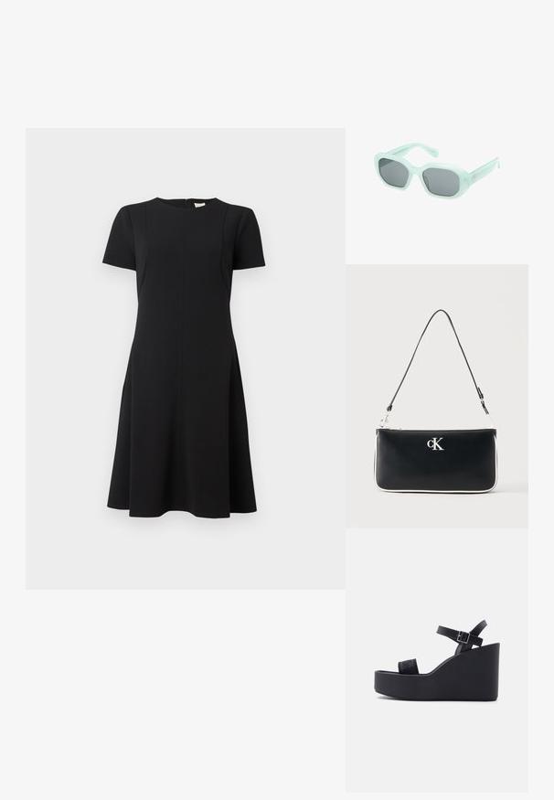 Calvin Klein FLARE DRESS - Hverdagskjole - black; Sort kileformet sandal med plateau sål, justerbar ankelrem med spænde og en bred tærem.; Lys grønne store geometriske solbriller med mørke linser, vinklet for at vise forside og side på hvid baggrund.; Sort rektangulær håndtaske med hvid kant, sølv lynlås, enkelt sort skulderrem og hvidt "cK" logo foran i midten.