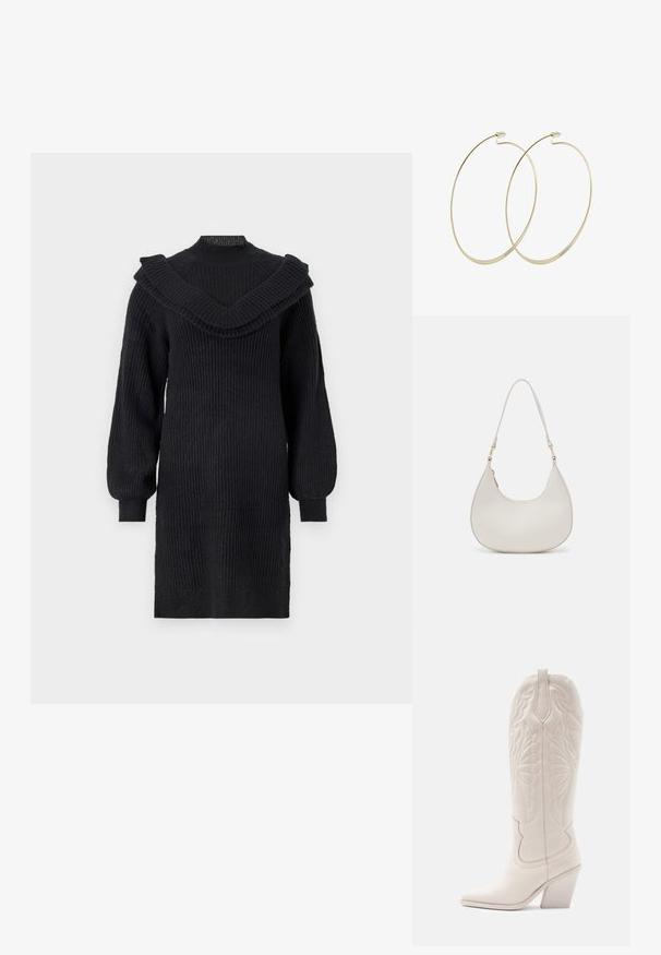 Schwarzes gestricktes Kleid mit gerippter Textur, hat einen breiten Rüschen-Halsausschnitt und lange, gepuffte Ärmel, die über dem Knie enden.; Weiße Leder-Cowboystiefel mit spitzer Zehe und blockiertem Absatz. Sie verfügen über aufwendige Steppmuster am Schaft und eine glatte Textur.; Cremfarbene Leder-Schultertasche mit einer Halbmondform, dünnem Schulterriemen und subtilen Stichdetails. Minimalistisches Design mit goldfarbenen Hardware-Akzenten.; Pilgrim Ohrringe - gold-coloured