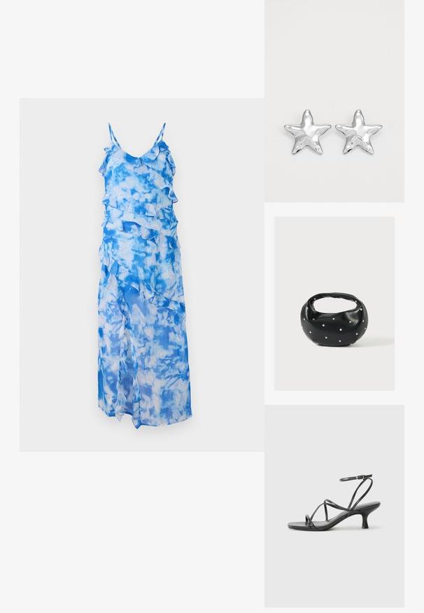 Blauwe tie-dye maxi-jurk met gerimpelde lagen, dunne verstelbare bandjes en een vloeiende uitstraling. Lichtgewicht, doorschijnende stof met een wolkenpatroon.; Zwarte hoge hakken sandalen met dunne banden, open teen ontwerp en een kleine, uitlopende hak. Het materiaal lijkt glad en glanzend.; Zwarte leren handtas met een afgeronde vorm, versierd met zilveren studs, en een korte handgreep. Gladde textuur en ritsluiting.; Zilveren stervormige oorbellen met een gepolijste, glanzende afwerking. Elke oorbel heeft vijf punten en subtiele textuurdetails op het oppervlak.
