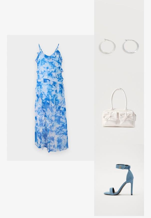 Blauwe tie-dye maxi-jurk met gerimpelde lagen, dunne verstelbare bandjes en een vloeiende uitstraling. Lichtgewicht, doorschijnende stof met een wolkenpatroon.; Blauwe denim sandalen met hoge hakken, voorzien van een enkelbandje en knoopsluiting. Heeft een vierkante neus en een zwarte zool voor contrast.; Witte synthetische handtas met twee voorzakken, elk voorzien van een gebonden strikdetail. Soepele textuur, afgeronde handgrepen en een ritssluiting.; Zilverkleurige metalen creolen oorbellen met een glad, licht gebogen oppervlak en sluitingen met haaksluiting op een effen witte achtergrond.