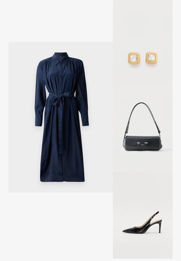 Námornícky modrá košeľa-dress s dlhými rukávmi, naberanými plecami, opaskom v páse a voľnou sukňou. Vyrobené z hladkej tkaniny s mäkkou textúrou.; Čierne lakované kožené slingback lodičky s špicatou špičkou, štíhlým podpätkom a jemným výrezom. Obsahuje zlatú pracku na remienku.; Čierna kožená kabelka na rameno s obdĺžnikovým tvarom, uzáverom na klopu, nastaviteľným remienkom a zlatou ceduľkou s logom „rag & bone New York“.; Námornícky brúsené číre drahokamy osadené v malých zlatých kovových náušniciach na svetlom pozadí.