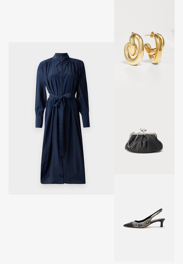 Mørkeblå button-up kjole med lange ærmer, samlet skulder, taljebånd og en svajende nederdel. Fremstillet af glat stof med en blød tekstur.; Sort spids slingback-sko med lav kittenhæl og overdel i slangeprint med en lille guldbeklædt spændelukning på remmen.; Sort læder clutch med samlet tekstur, sølvfarvet metalramme, kys-lås lukning og kædestrop. Glat, blød overflade.; Charlotte Chesnais BO INITIAL BLOW - Øreringe - gold-coloured