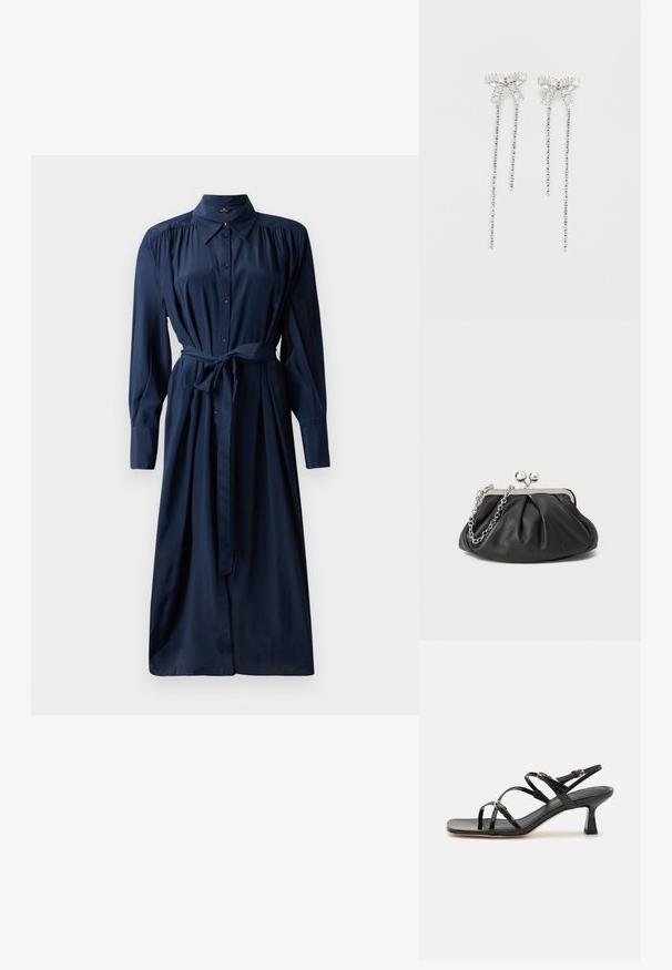 Marineblaues Hemdkleid mit langen Ärmeln, gerafften Schultern, einem Taillengürtel und einem schwingenden Rock. Hergestellt aus glattem Stoff mit einer weichen Textur.; Schwarze lackierte Riemchensandalen mit quadratischer Zehenpartie und niedrigem Blockabsatz. Ausgestattet mit vergoldeten Beschlägen und verstellbaren Knöchelriemen.; Schwarze Leder-Clutch mit geraffter Textur, silberfarbener Metallrahmen, Druckverschluss und Kettenriemen. Glatte, weiche Oberfläche.; Lange silberne Ohrringe mit einer Ansammlung von Strasssteinen oben und herabhängenden Strängen kleinerer Strasssteine darunter.