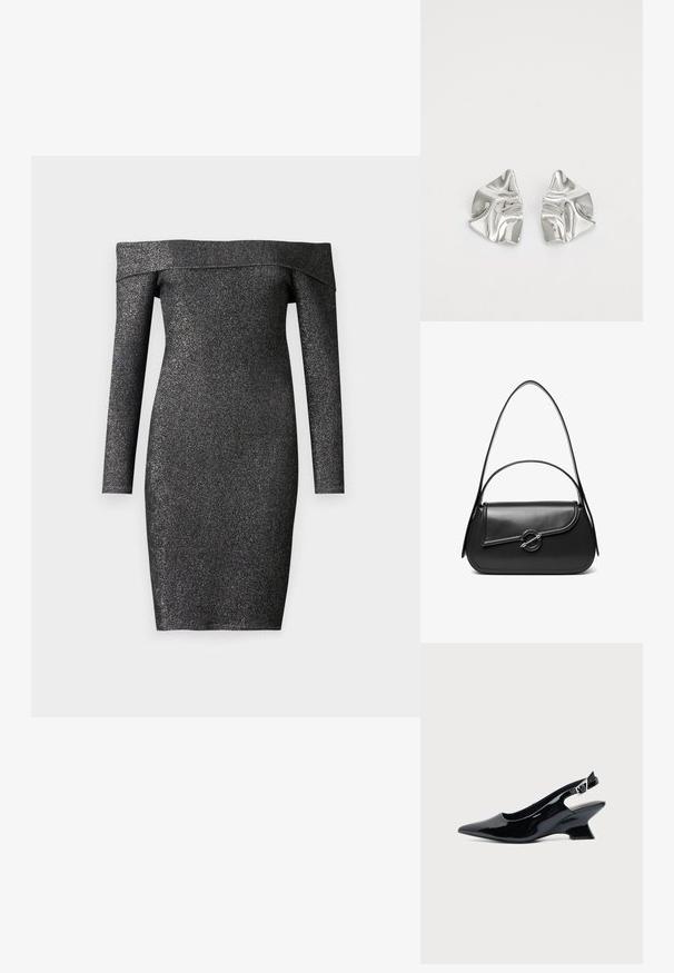 Robe noire décolletée, à manches longues, en tissu scintillant, design ajusté, longueur genou, texture lisse.; Chaussure slingback en cuir verni noir avec bout pointu et petit talon bloc incliné sur fond clair uni.; Sac à bandoulière en cuir noir avec un rabat incurvé fermé par un fermoir métallique rond et une sangle fine et ajustable.; Boucles d'oreilles en métal argenté avec un design ondulé et sculptural, présentant une finition polie et des formes irrégulières, mettant en valeur une esthétique contemporaine.