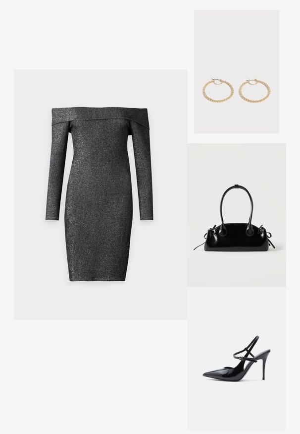 Sort off-shoulder kjole med lange ærmer, lavet af skinnende stof, tætsiddende design, knælang, glat tekstur.; Sort laklædersko med spids tå og høj hæl, med to smalle justerbare ankelstropper og en stilet hæl, vist fra siden.; Lille sort blank håndtaske med to lange håndtag og snøre-detaljer i siden på en ensfarvet lys baggrund.; Par medium-størrelse guldbøjleøreringe med et tekstureret perle-design på en ensartet lys baggrund.