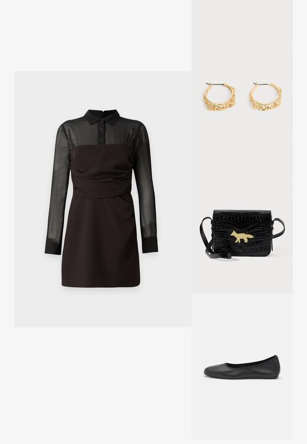 Zwart jurk met een sheer zwarte mesh top en lange mouwen, knoopsluiting bij de kraag, en geplooide details rond de taille. Gladde stofafwerking.; Zwarte leren ballerina met een ronde neus, gladde textuur, minimale stikdetails en een flexibele zoolontwerp.; Zwarte crossbodytas van leer met krokodillenstructuur, voorzien van een lange band en een gouden gesp in de vorm van een vos op de voorflap.; Set gouden creolen met sierlijke bloem- en bladreliëf op een neutrale achtergrond.