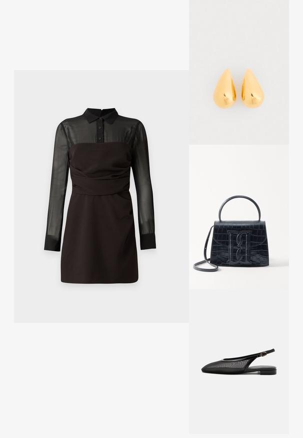 Zwart jurk met een sheer zwarte mesh top en lange mouwen, knoopsluiting bij de kraag, en geplooide details rond de taille. Gladde stofafwerking.; Zwarte slingback platte schoen met puntige neus, mesh bovenwerk, verstelbare gespsluiting en lage gestapelde hak op witte achtergrond.; Zwarte handtas van krokodillleer met een gestructureerd ontwerp, bovenhandvat, verstelbare schouderband en een opvallend voorlogo.; Gouden druppelvormige oorbellen met een gladde, gepolijste oppervlakte en ronde onderkanten, die het licht weerkaatsen met een glanzende afwerking.