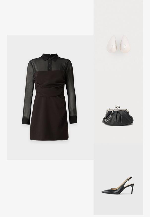 Sort kjole med en gennemsigtig sort mesh-top og lange ærmer, knaplukning ved kraven og samlinger i taljen. Glat stoffinish.; Sorte læder slingback højhælede sko med spids tå, justerbar rem og en slank stiletto hæl, der har en glat finish.; Sort læder clutch med samlet tekstur, sølvfarvet metalramme, kys-lås lukning og kædestrop. Glat, blød overflade.; Sølvmetal dråbeøreringe med en glat, reflekterende overflade og tåreform, der har et sammenhængende design uden synlige udsmykninger.