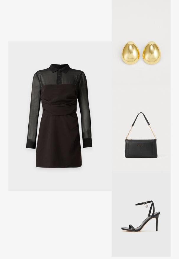 Schwarzes Kleid mit halbtransparentem schwarzen Netzoberteil und langen Ärmeln, Knopfleiste am Kragen und gerafften Details an der Taille. Glatte Stoffoberfläche.; Schwarze High-Heel-Sandale mit schmalem Knöchelriemen, quadratischer Zehenbox, glattem Leder und metallischem Schnallenakzent.; Schwarze Ledertasche mit einer Kieseloberfläche, goldener Kettenriemen und einer Fronttasche. Auf der Vorderseite befindet sich ein goldenes Logo.; Goldfarbene Steckerohrringe mit einer glatten, polierten Oberfläche und einer tropfenförmigen Form, die das Licht reflektieren und für ein glänzendes Finish sorgen.