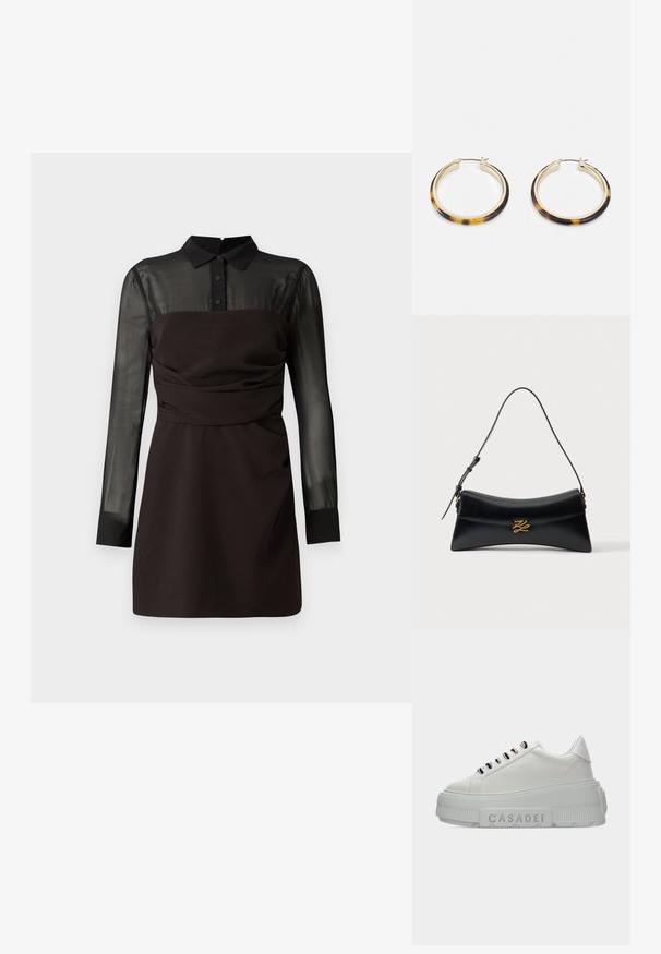 Vestido negro con una parte superior de malla negra transparente y mangas largas, cuello abotonado y detalles fruncidos en la cintura. Acabado en tejido suave.; Zapatilla deportiva de plataforma blanca con cordones blanco y negro y suela gruesa con el logo "CASADEI" en relieve sobre fondo liso.; Bolso de mano de cuero negro con forma trapezoidal curva, asa superior y cierre decorativo dorado en la solapa frontal sobre fondo blanco.; Pendientes de aro en tono dorado con un borde exterior de resina de patrón carey, que cuentan con un acabado suave y una forma circular elegante.
