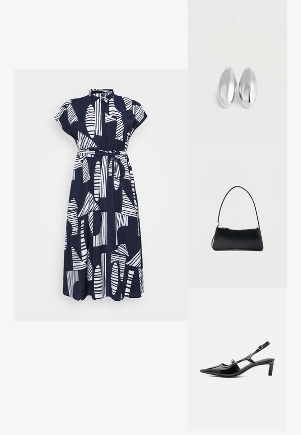 Vero Moda Curve VMCJOSIE Long - Φόρεμα πουκάμισο - navy; Μαύρο παπούτσι slingback από δερμάτινο πατεντ με μυτερή μύτη, χαμηλό τακούνι και δύο ρυθμιζόμενες λουρίδες με αγκράφες, εμφανιζόμενο σε προφίλ πλευράς.; Μαύρη ορθογώνια τσάντα χειρός με λεπτό ιμάντα και φερμουάρ, σε απλό λευκό φόντο.; Ζευγάρι ομαλών, γυαλιστερών ασημένιων οβάλ αντικειμένων τοποθετημένων δίπλα-δίπλα σε μια απλή λευκή επιφάνεια.