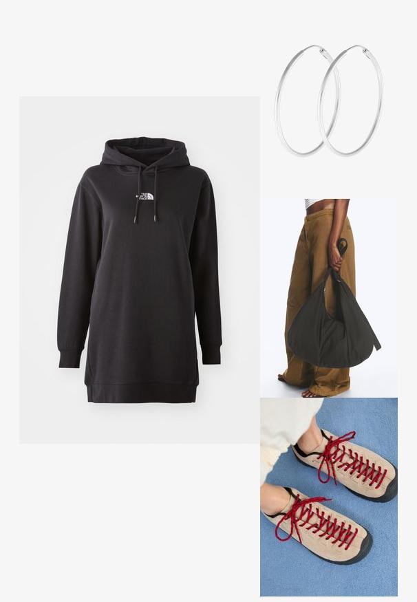 Vestido sudadera negro hecho de tela suave, con un bolsillo canguro delantero, capucha ajustable con cordón y un pequeño logo en el pecho.; Zapatos beiges con cordones rojos, colocados sobre una superficie texturizada azul, que revelan parcialmente el tobillo de una persona. Los zapatos tienen un diseño deportivo.; Persona con pantalones marrones de pata ancha y top blanco sosteniendo un gran bolso negro blando por la correa a su lado.; Pendientes de aro en tono plateado con forma redonda y un acabado pulido. Ambos pendientes son del mismo tamaño y cuentan con un mecanismo de cierre seguro.