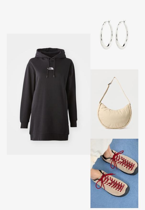 Sort hoodie kjole lavet af blødt stof, med en front kangaroo lomme, justerbar snørehætte og et lille logo på brystet.; Beige sko med røde snørebånd, placeret på en blå tekstureret overflade, delvist synliggørende en persons ankel. Skoene har et sporty design.; Beige skuldertaske i halvmåneform med en blød, polstret overflade. Har justerbar rem og lynlås langs den øverste kant.; Sølvøreringe i form af hoops med en glat, blank finish. Cirkulær form, der har en sikker lås. Simpelt og elegant design.