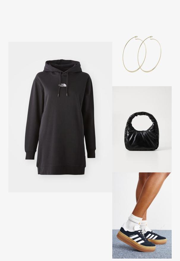 Sort hoodie kjole lavet af blødt stof, med en front kangaroo lomme, justerbar snørehætte og et lille logo på brystet.; Ben iført hvide sokker og sorte Adidas Gazelle sneakers med hvide striber og tykke brune såler på et gråt tæppe.; Sort polstret håndtaske med et rundt håndtag, der har en glat, skinnende overflade og en blød, kviltet tekstur. Ingen synlige hardware eller accenter.; Pilgrim Øreringe - gold-coloured