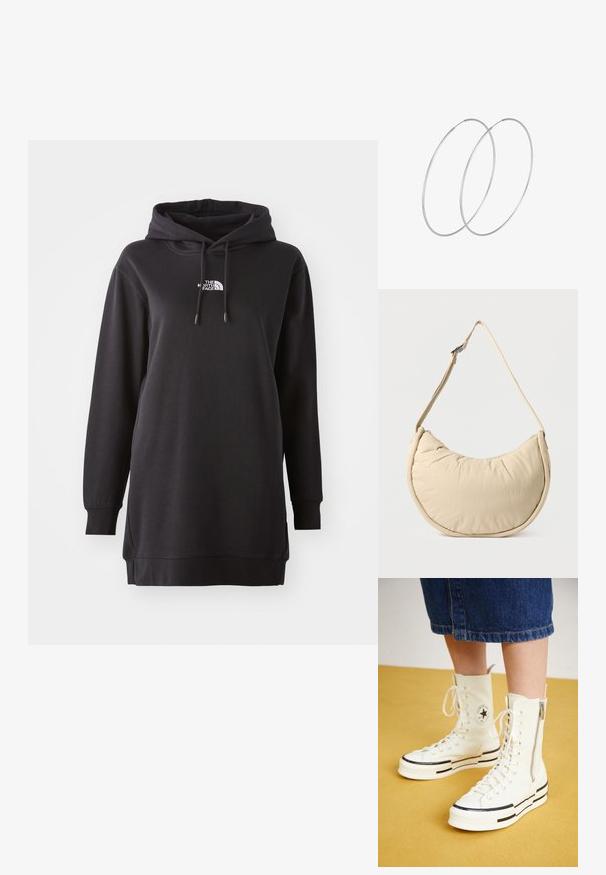 Sort hoodie kjole lavet af blødt stof, med en front kangaroo lomme, justerbar snørehætte og et lille logo på brystet.; Hvide høj-top sneakers med lynlåslukning, snørresystem og sorte striber på en tyk sål. Tekstureret kanvasmateriale.; Beige skuldertaske i halvmåneform med en blød, polstret overflade. Har justerbar rem og lynlås langs den øverste kant.; Sølvøreringe med et minimalistisk design. Cirkulær form, glat tekstur og tynd profil. Letvægtige med en poleret overflade.