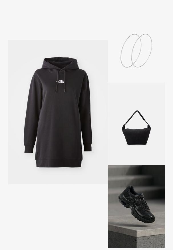Vestido sudadera negro hecho de tela suave, con un bolsillo canguro delantero, capucha ajustable con cordón y un pequeño logo en el pecho.; Zapatilla de running negra de Nike con parte superior de malla y sintética flotando sobre una superficie de hormigón y escalones de fondo.; Bolso de hombro de tela negro con una superficie suave y texturizada, forma redondeada y una sola correa. Diseño minimalista sin hardware ni acentos visibles.; Pendientes de aro plateados con un diseño minimalista. Forma circular, textura suave y perfil delgado. Livianos con un acabado pulido.