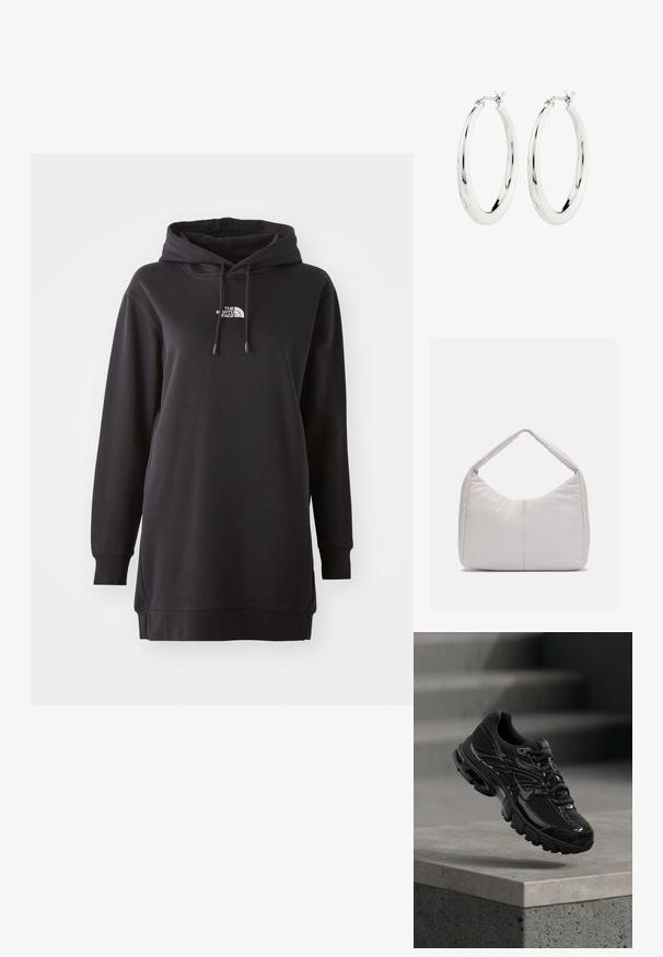 Sort hoodie kjole lavet af blødt stof, med en front kangaroo lomme, justerbar snørehætte og et lille logo på brystet.; Sort Nike løbesko med mesh og syntetisk overdel, der svæver over en betonoverflade og trin i baggrunden.; Lys grå polstret skuldertaske med en buet form, der har en enkelt håndtag og en glat, textured overflade. Simpelt design uden yderligere hardware.; Sølvøreringe i form af hoops med en glat, blank finish. Cirkulær form, der har en sikker lås. Simpelt og elegant design.