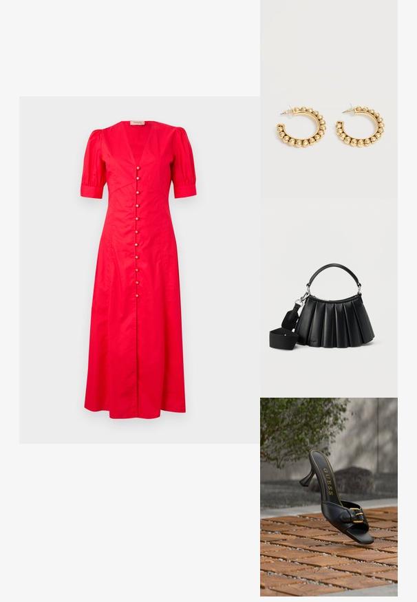 Rotes Baumwoll-Midikleid mit kurzen Puffärmeln, tiefem V-Ausschnitt und einer Frontknopfleiste mit dekorativen Knöpfen in der Mitte.; Schwarze High-Heel-Pantolette mit goldener Schnalle und „GUESS“-Logo innen, auf strukturiertem Außenfliesenboden mit verschwommenem grünem Hintergrund positioniert.; Schwarze, plissierte Lederhandtasche mit kurzem Griff und abnehmbarem, breitem Stoff-Schulterriemen vor weißem Hintergrund.; Paar goldfarbene Creolen mit abgerundeten Perlendetails entlang des äußeren Randes auf hellem Hintergrund.