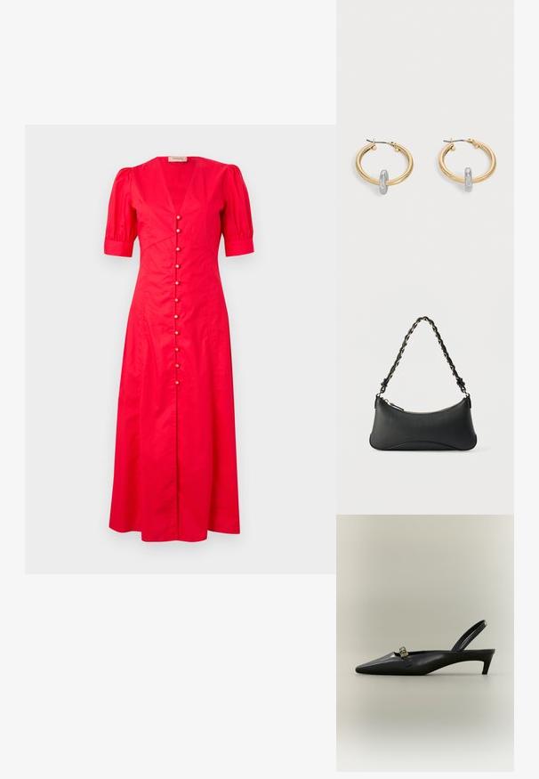 Rotes Baumwoll-Midikleid mit kurzen Puffärmeln, tiefem V-Ausschnitt und einer Frontknopfleiste mit dekorativen Knöpfen in der Mitte.; Schwarzer Slingback-Kitten-Heel aus Leder mit spitz zulaufender Zehenpartie und kleiner goldfarbener Schnalle auf einfarbigem Hintergrund.; Schwarze Lederschultertasche mit gewölbter rechteckiger Form, goldener Kette, die in den geflochtenen schwarzen Riemen eingewebt ist, und Reißverschlussverschluss oben.; Paar goldfarbene Creolen mit kleinem silberfarbenem Schlaufen-Detail an jeder, vor hellem grauem Hintergrund präsentiert.
