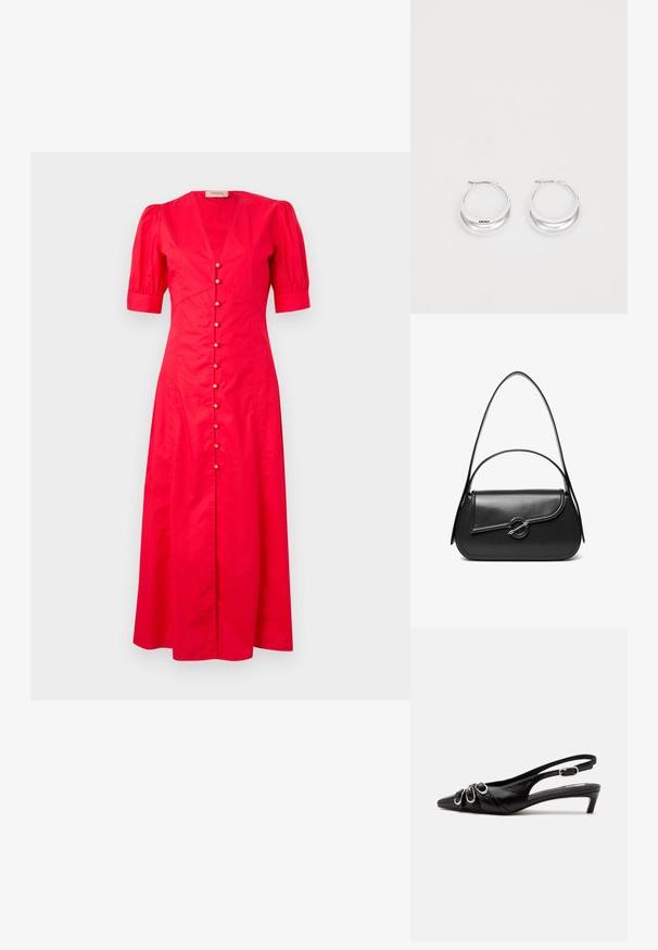 Rotes Baumwoll-Midikleid mit kurzen Puffärmeln, tiefem V-Ausschnitt und einer Frontknopfleiste mit dekorativen Knöpfen in der Mitte.; Schwarzer Lederslingback mit spitzer Spitze, drei silbernen Schnallen vorne und niedrigem Kittenabsatz auf weißem Hintergrund.; Schwarze Lederschultertasche mit einer geschwungenen Klappe, die durch einen runden Metallverschluss gesichert ist, und einem schlanken, verstellbaren Riemen.; Silberne Creolen mit glänzender Oberfläche und DKNY-Logo, vor einem schlichten weißen Hintergrund präsentiert.