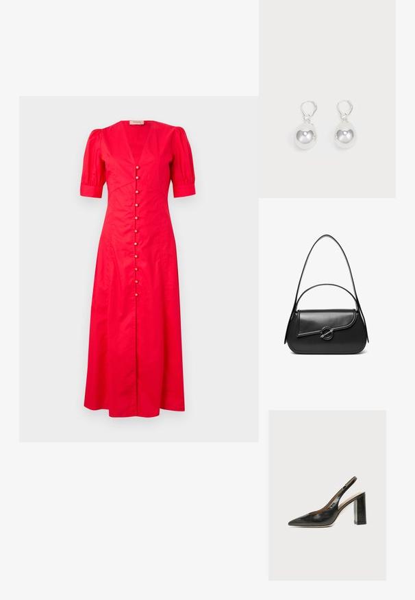Rotes Baumwoll-Midikleid mit kurzen Puffärmeln, tiefem V-Ausschnitt und einer Frontknopfleiste mit dekorativen Knöpfen in der Mitte.; Schwarzer Leder-Damenslingback-Schuh mit spitzer Zehenpartie und dickem hohem Blockabsatz vor weißem Hintergrund.; Schwarze Lederschultertasche mit einer geschwungenen Klappe, die durch einen runden Metallverschluss gesichert ist, und einem schlanken, verstellbaren Riemen.; Silberne Tropfenohrringe mit glatten, runden, reflektierenden Oberflächen, die an Hakenverschlüssen hängen. Der Hintergrund ist reinweiß.