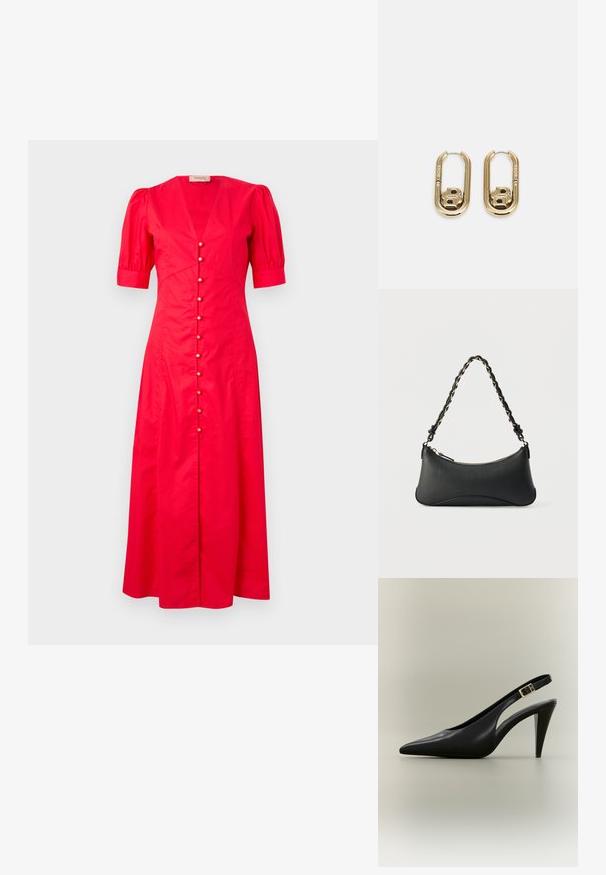 Rotes Baumwoll-Midikleid mit kurzen Puffärmeln, tiefem V-Ausschnitt und einer Frontknopfleiste mit dekorativen Knöpfen in der Mitte.; Schwarzer spitzer Slingback-Pumps aus Leder mit goldener Schnalle und einem zulaufenden Absatz vor neutralem Hintergrund.; Schwarze Lederschultertasche mit gewölbter rechteckiger Form, goldener Kette, die in den geflochtenen schwarzen Riemen eingewebt ist, und Reißverschlussverschluss oben.; BOSS DOUBLE B SWING - Ohrringe - gold-coloured