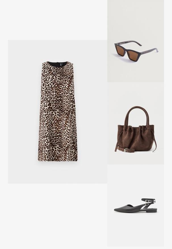 Ærmeløs kjole i en tætsiddende silhuet med leopardmønster i brune og sorte nuancer på en beige baggrund, med rund halsudskæring.; Sorte læderflade sko med spids tå, ankelrem og spænde detaljer. Har en lille, lav hæl og et åbent sides design.; Skildpadde-sunglasses med en skarp, vinkelret form. Brune, tonede linser og slanke arme med brandlogoet i hvidt på den ene side.; Brun ruskind håndtaske med sammensyet top, dobbelte håndtag og aftagelig rem med sølvspænde, vist mod en ensfarvet baggrund.